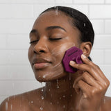 ScrubMeFace Passionate Purple facial cleansing brush in use