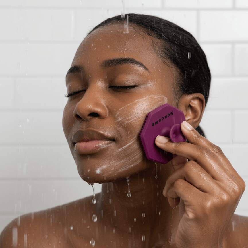 ScrubMeFace Passionate Purple facial cleansing brush in use