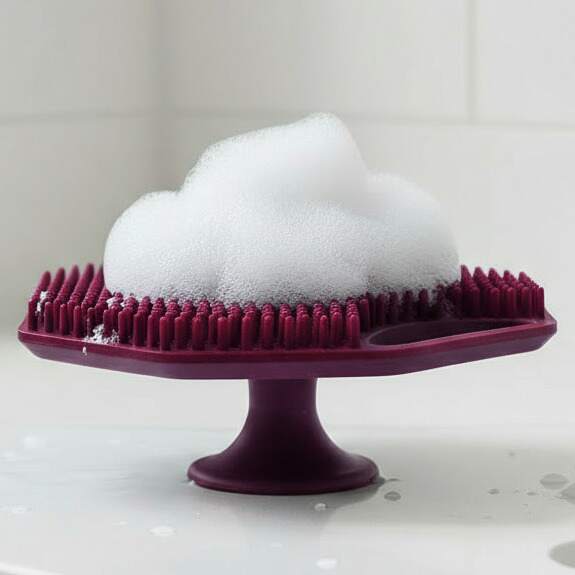 ScrubMeFace Passionate Purple bristles with foaming cleanser