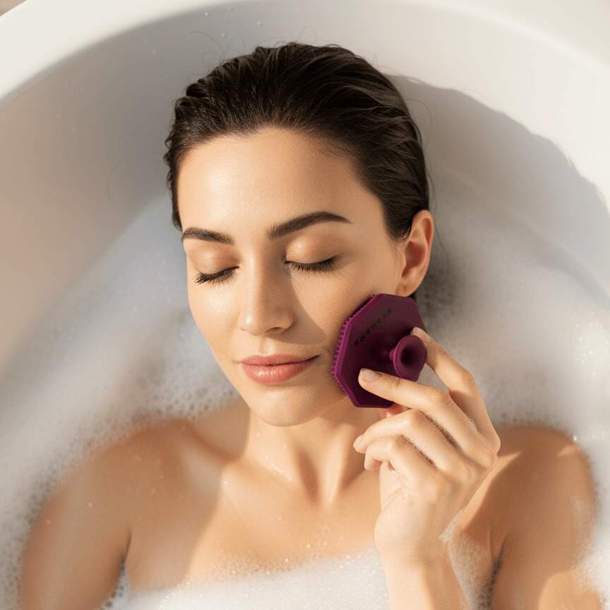 ScrubMeFace Passionate Purple facial cleansing brush lifestyle image