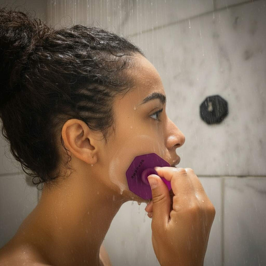 ScrubMeFace Passionate Purple facial cleansing brush shower use