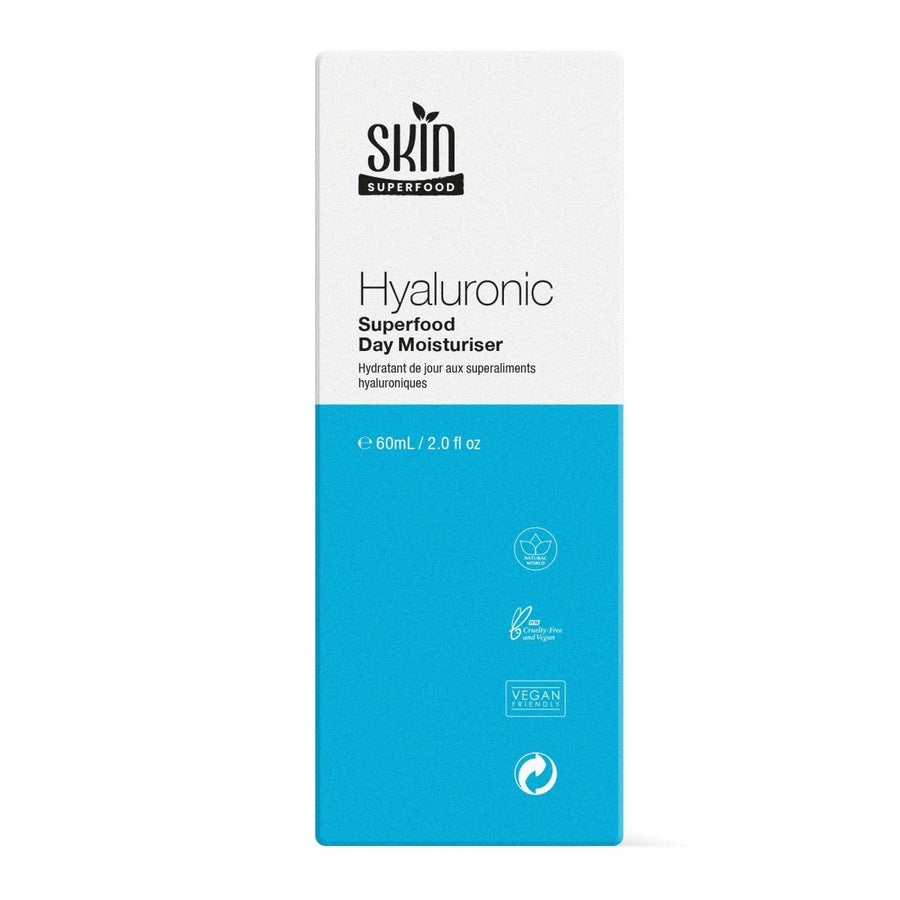 SF Hyaluronic Superfood Day Moisturiser 60ml packaging with blue and white design, hydrating formula for youthful skin.