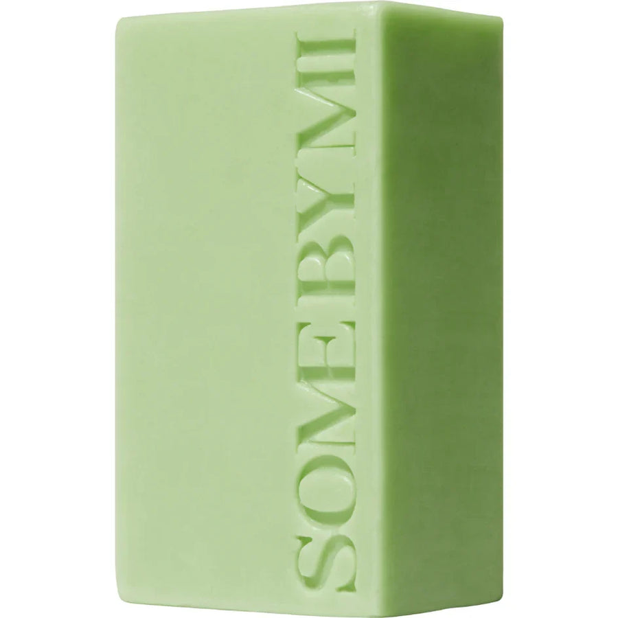 A light green rectangular bar of soap with the brand name 'SOMEBYMI' embossed vertically on the front, set against a plain white background.