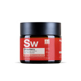Jar of strawberry superfood vitamin day moisturizer with red label and black lid on white background